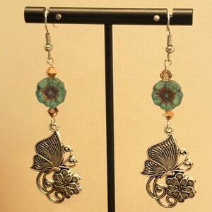Floral Silver Earrings with Blue Accents
